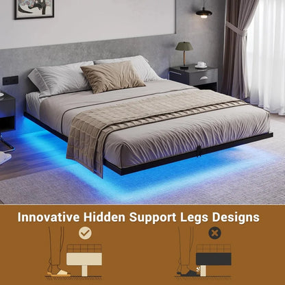 Marco de cama flotante tamaño completo con luces LED, plataforma de metal para cama tamaño completo, no necesita somier, fácil de ensamblar