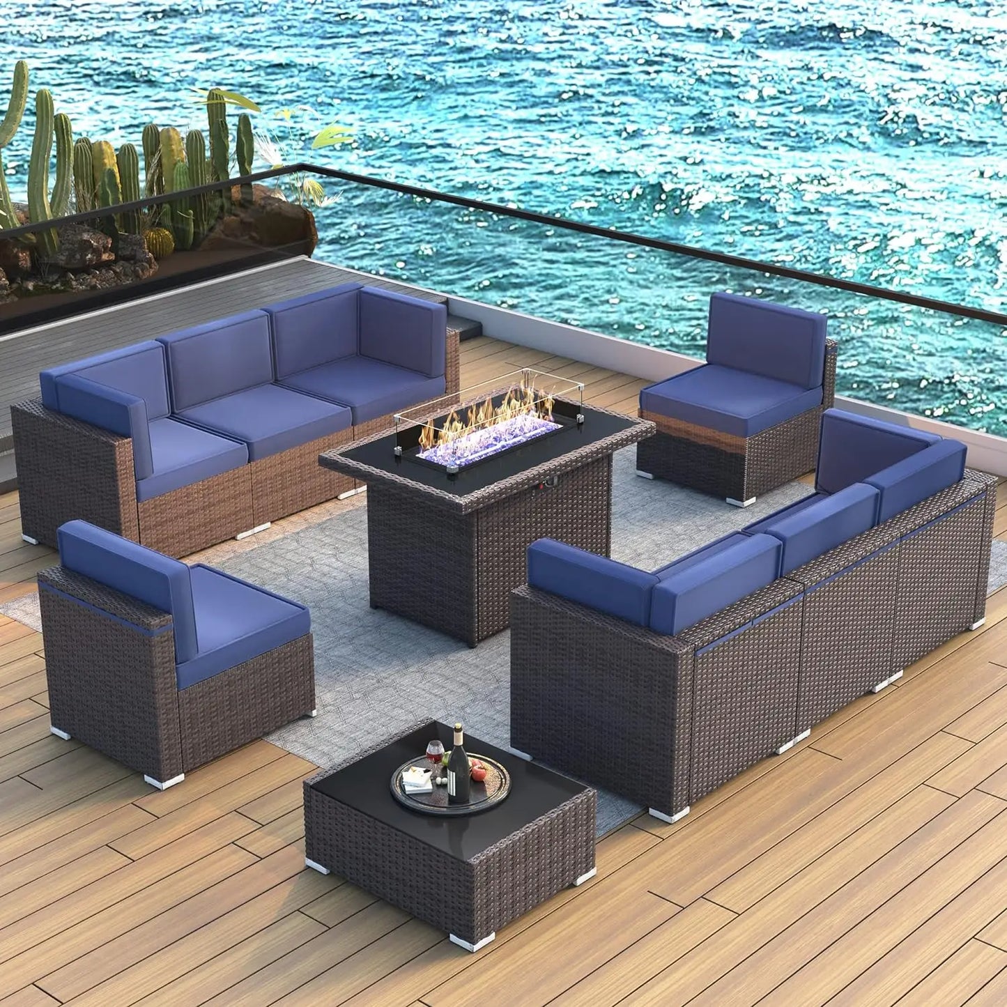 8 Piece Patio Furniture Set with 44" Propane Gas Fire Pit Table, Set Wicker Rattan Sofa Set and Coffee Table Rattan Möbel