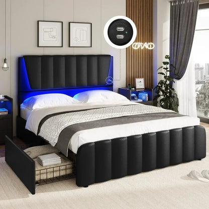 LED Full Size Bed Frame with Headboard, 4 Storage Drawers, USB Ports, Wooden Slats Support, No Box Spring Needed, Full Bed Frame