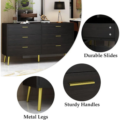 Chest of Drawers 6 Drawer Dresser, Drawer Chest 6 Drawer Cabinet with Gold Metal Legs, Modern & Contemporary Dresser