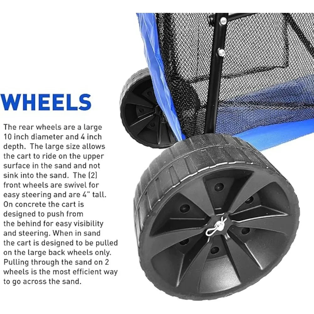 Heavy Duty Folding Design - Large Wheels for Sand - Holds 4 Beach Chairs - Storage Pouch - Beach Umbrella