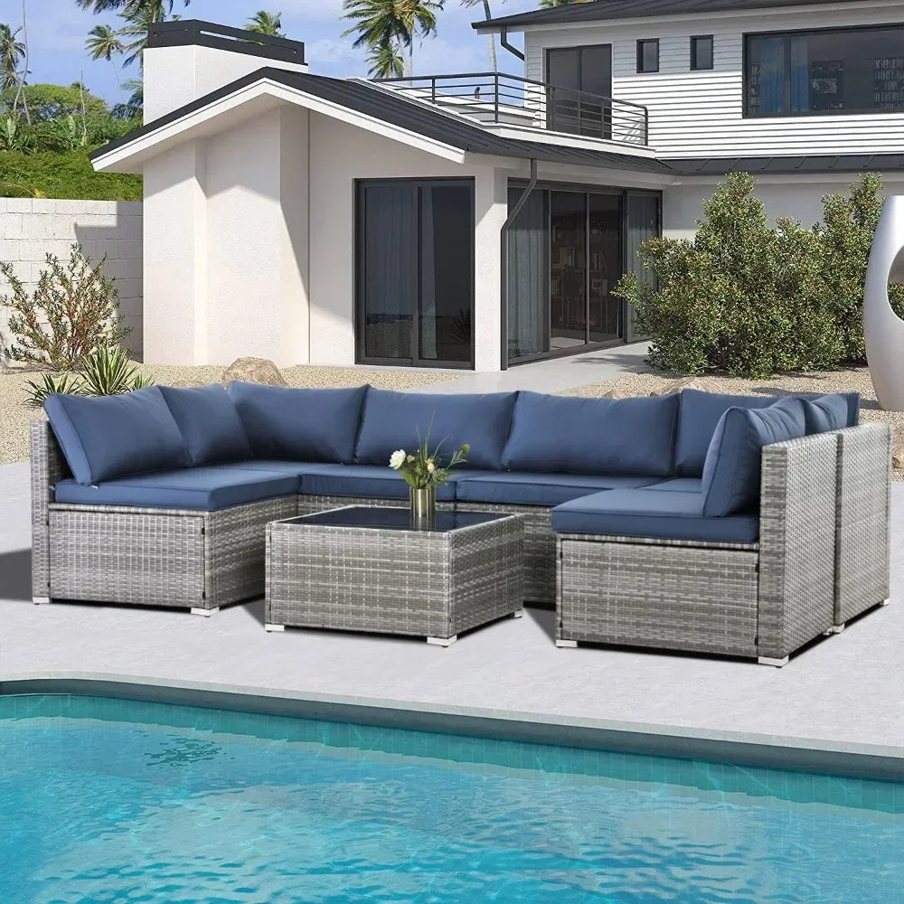 7 Pieces Patio Furniture Set, Modular Patio Set Wicker Outdoor Sectional Sofa Set PE Rattan Wicker Patio Conversation Set。