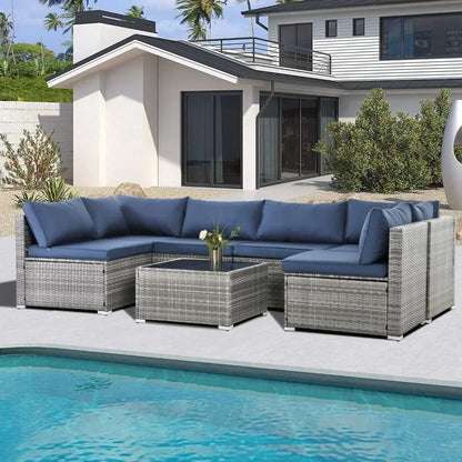 7 Pieces Patio Furniture Set, Modular Patio Set Wicker Outdoor Sectional Sofa Set PE Rattan Wicker Patio Conversation Set。