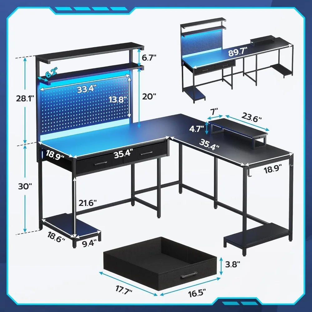 Bureau de jeu en L avec lumières LED, panneau perforé et tiroirs avec clapier, ordinateur avec support pour moniteur, étagères de rangement, table de jeu