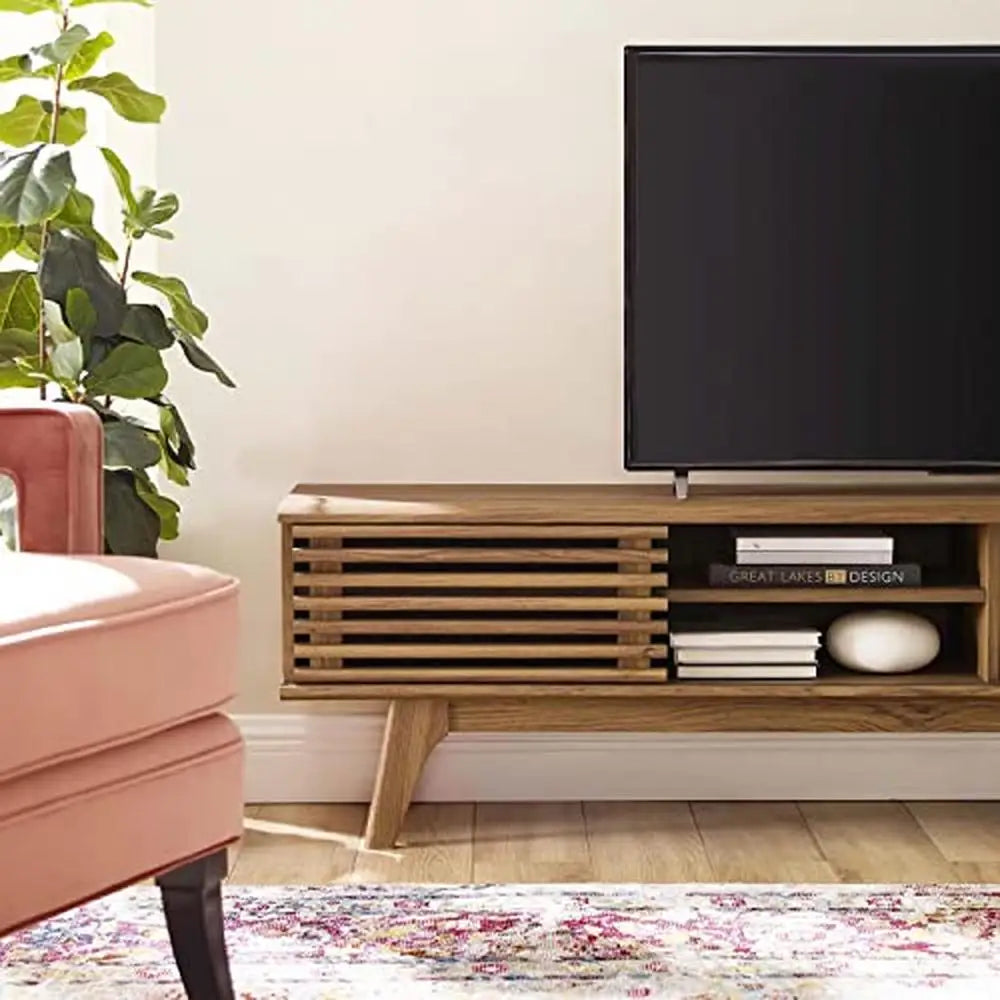 Meuble TV Mid-Century en noyer de 70 po avec portes coulissantes et centre de divertissement Console à profil bas de style rétro Unité murale au design emblématique en bois