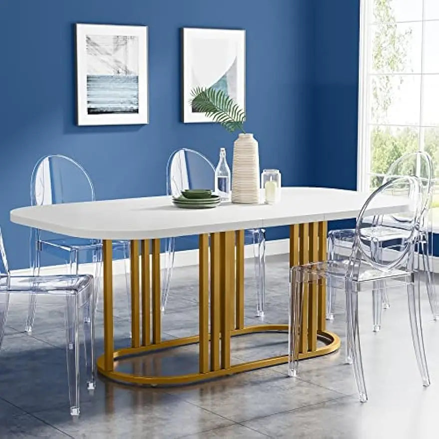 Dining Table for 6, 71” Modern Kitchen Table, Rectangular Dining Room Table with Heavy Duty Metal Frame (White/Gold)