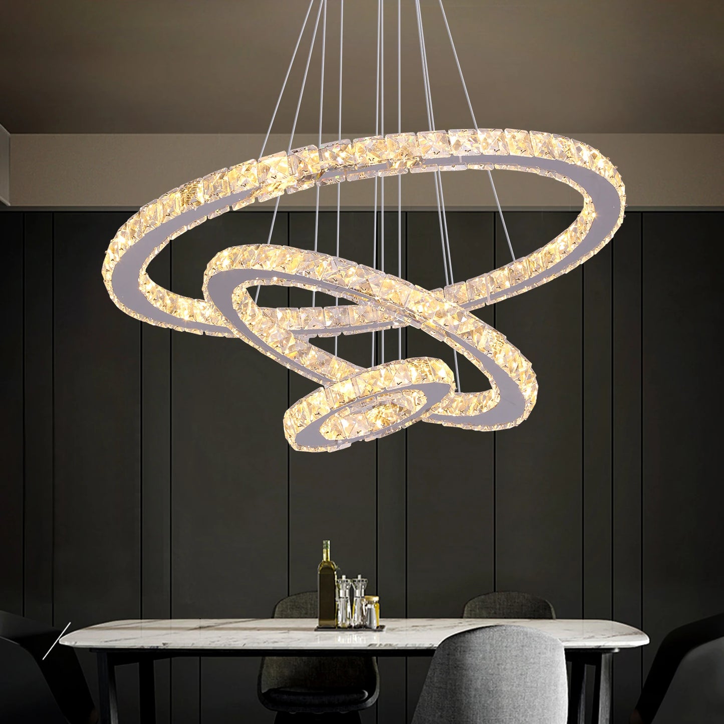 Modern Crystal Chandelier Lamp Chrome Led Living Room Dimming Pendant Light Bedroom Adjustable Hanging Lamps With Remote Control