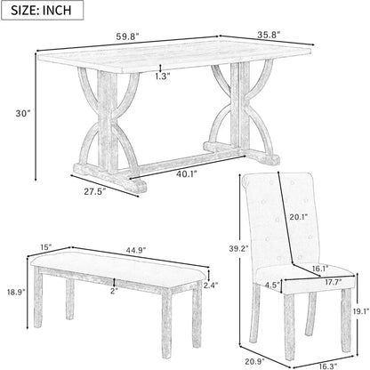 Ensemble de table en bois 6 pièces avec banc, table rectangulaire vintage, pieds uniques, 4 chaises rembourrées, 1 banc pour salle à manger