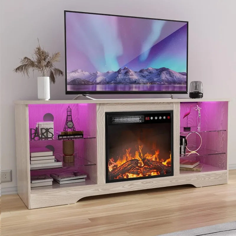 Meuble TV avec cheminée de 18 pouces, centre de divertissement moderne pour téléviseurs jusqu'à 70 pouces, console TV multimédia avec verre réglable