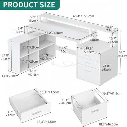 Bureau en L avec 3 tiroirs, bureau d'ordinateur d'angle de 65 pouces avec prises de courant et lumières LED, bureau en L avec armoire et support d'imprimante