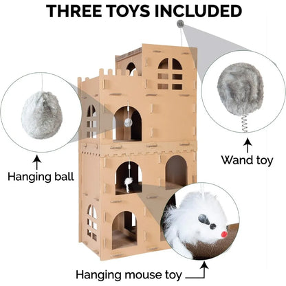 Maison pour chat en carton à plusieurs niveaux avec herbe à chat pour chats d'intérieur, griffoirs et jouets - High Castle Tower Corrugated