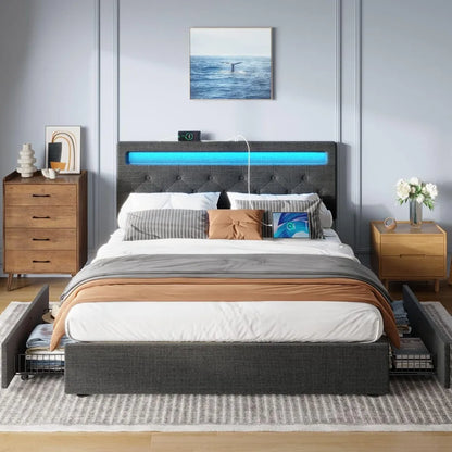 Twin Size Bed Frame with LED Lights and Charging Station, Upholstered Bed with Drawers, Wooden Planks, and Easy To Assemble