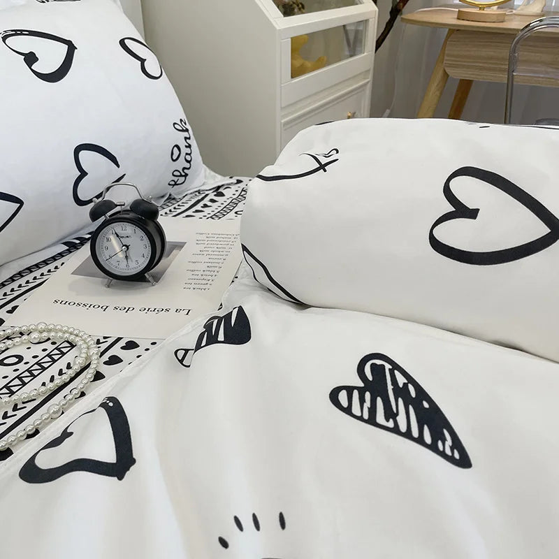 Euro Black White Love Heart Bedding Set Simple Bed Linen Duvet Cover for Couple Adult Bedspread and Pillowcase Sheet