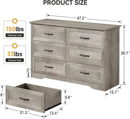 Commode moderne à 6 tiroirs avec tiroirs profonds et longs, commode en bois et organisateurs de placard pour ranger les vêtements,