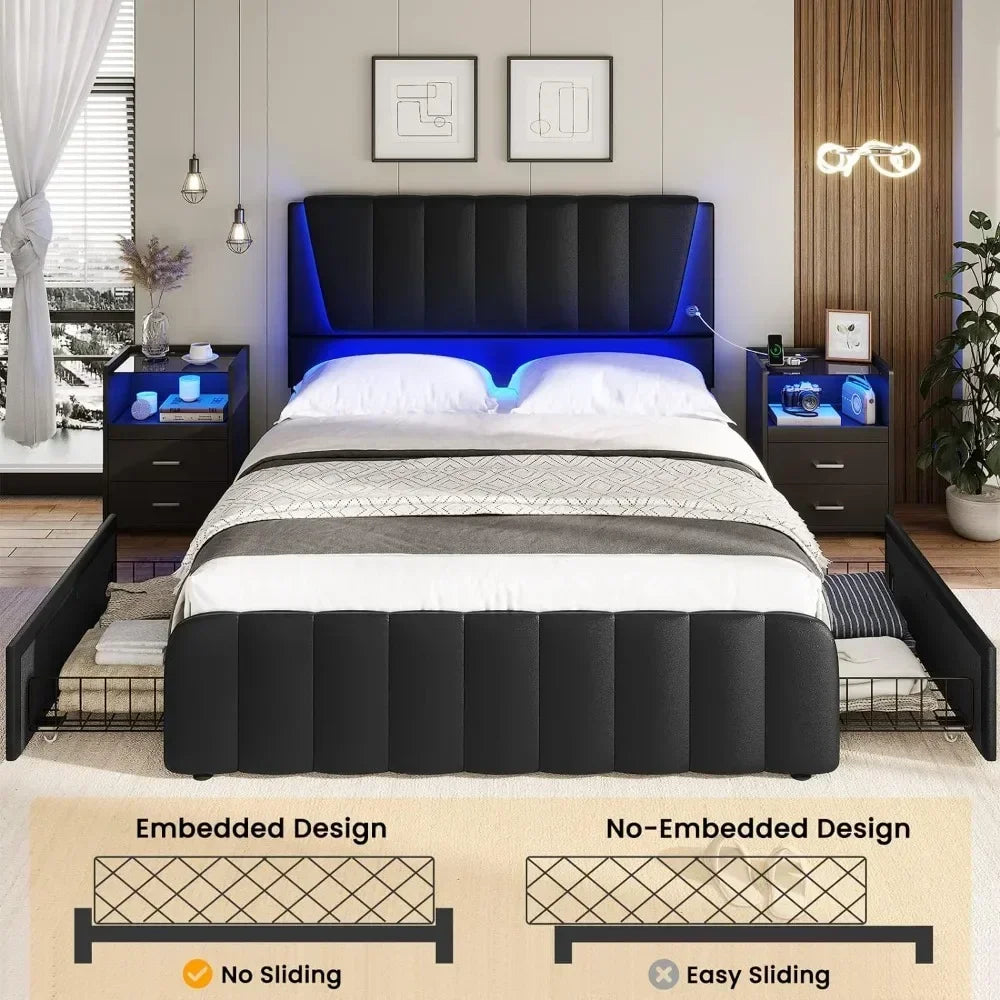 LED Full Size Bed Frame with Headboard, 4 Storage Drawers, USB Ports, Wooden Slats Support, No Box Spring Needed, Full Bed Frame