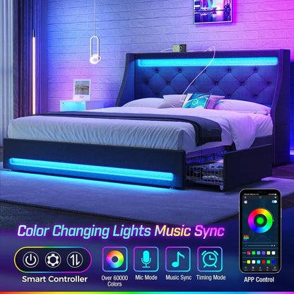 Twin Bed Frame with LED Lights and Charging Station, Upholstered Bed with Drawers, Wooden Slats, Noise Free, Easy Assembly