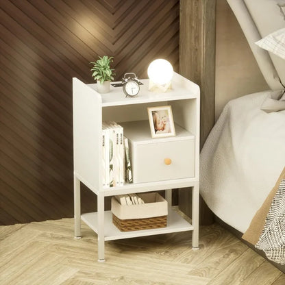 Nightstand with Charging Station,Storage Drawer,Modern 3-Tier End Side Table,Small Wood Bedside Table for Bedroom,Living Room