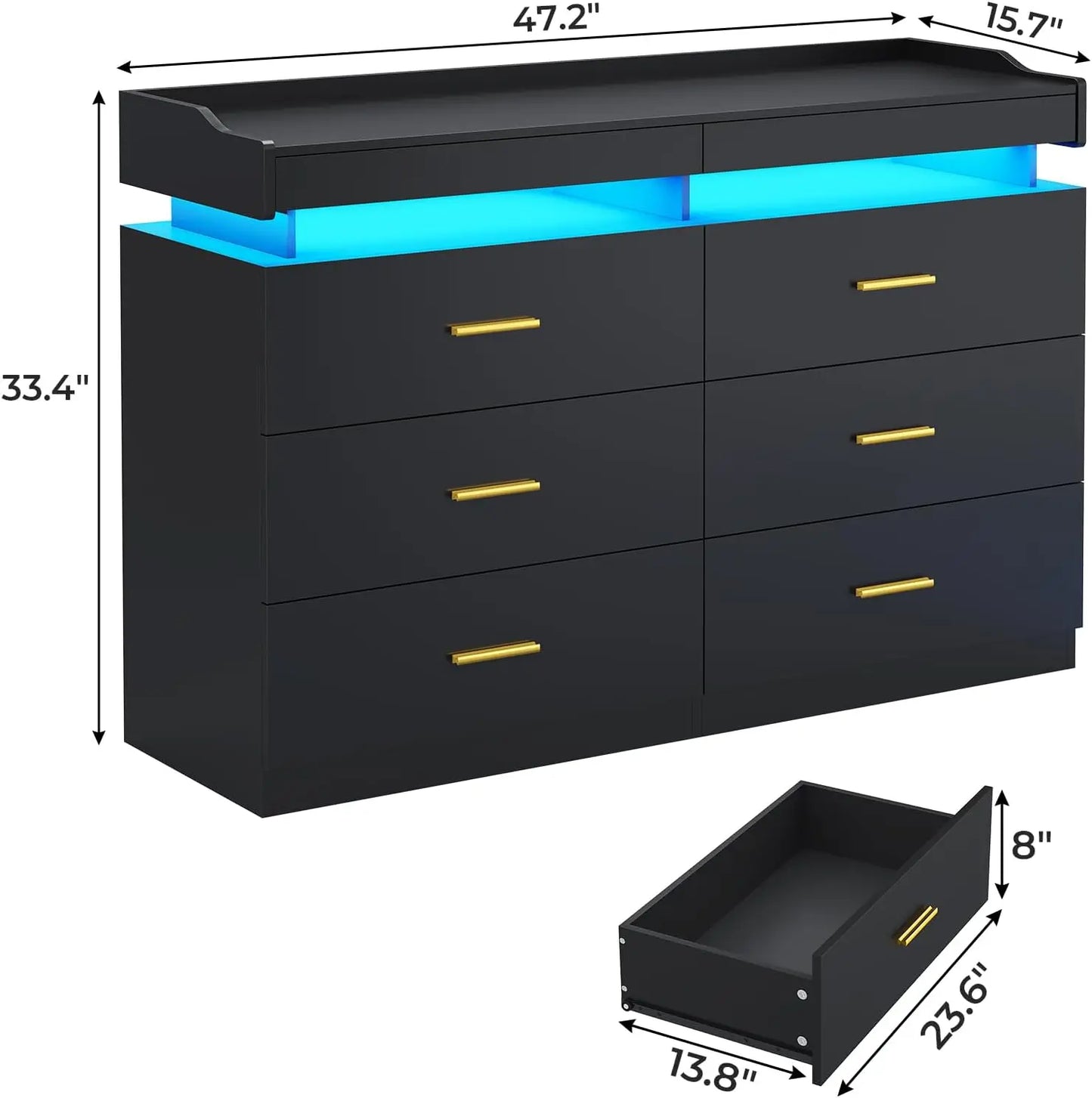 Cómoda moderna de 9 cajones con luz LED, armario organizador de cajones anchos para dormitorio, sala de estar, cómoda para armario con cajones de madera