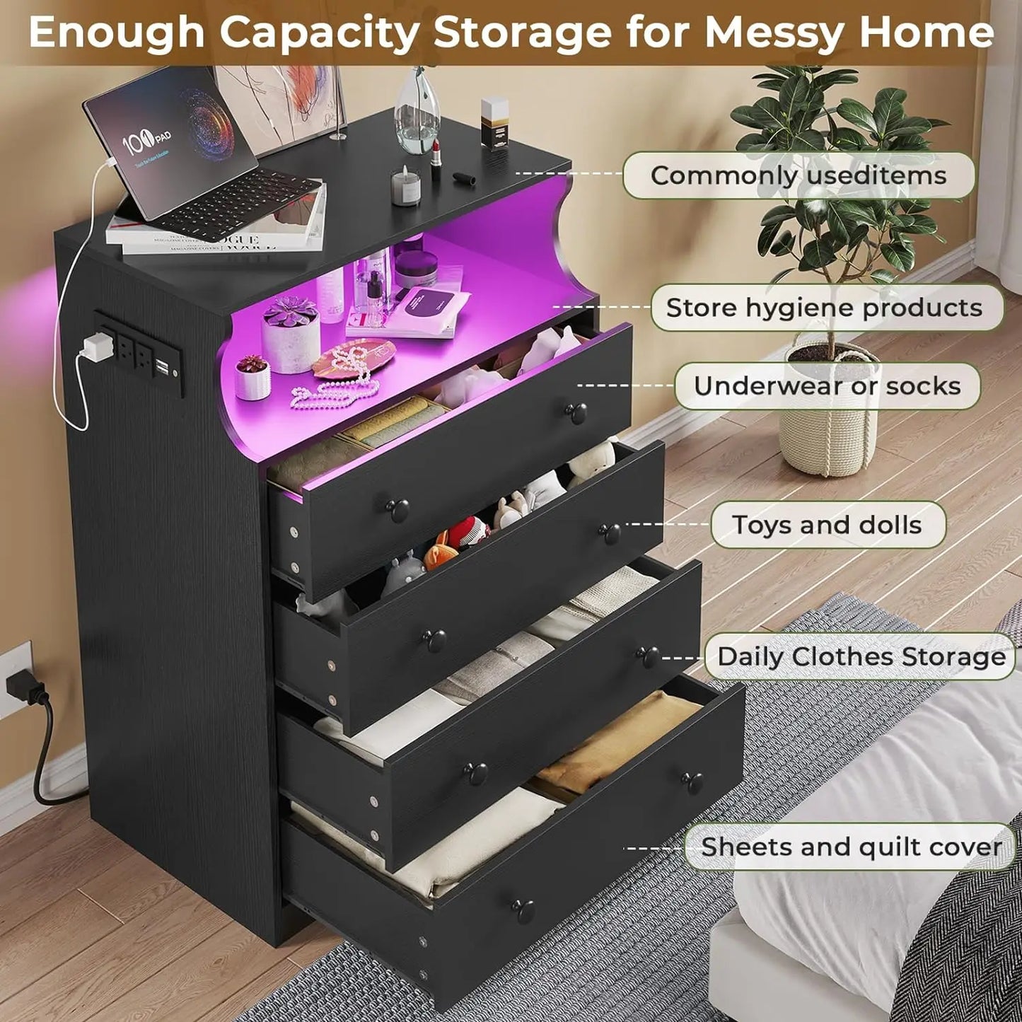 Commode avec station de charge, commode LED à 4 tiroirs pour chambre à coucher, commode à tiroirs avec espace ouvert, rangement haut de grande capacité