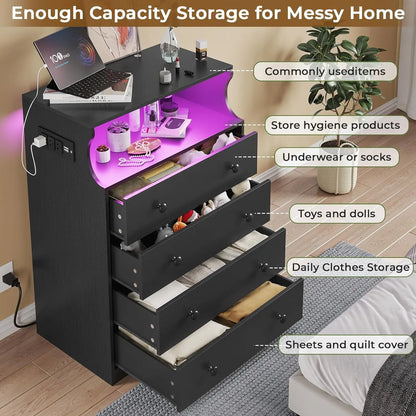 Dresser with Charging Station, 4 Drawers LED Dresser for Bedroom, Chest of Drawers with Open Space, Large Capacity Tall Storage