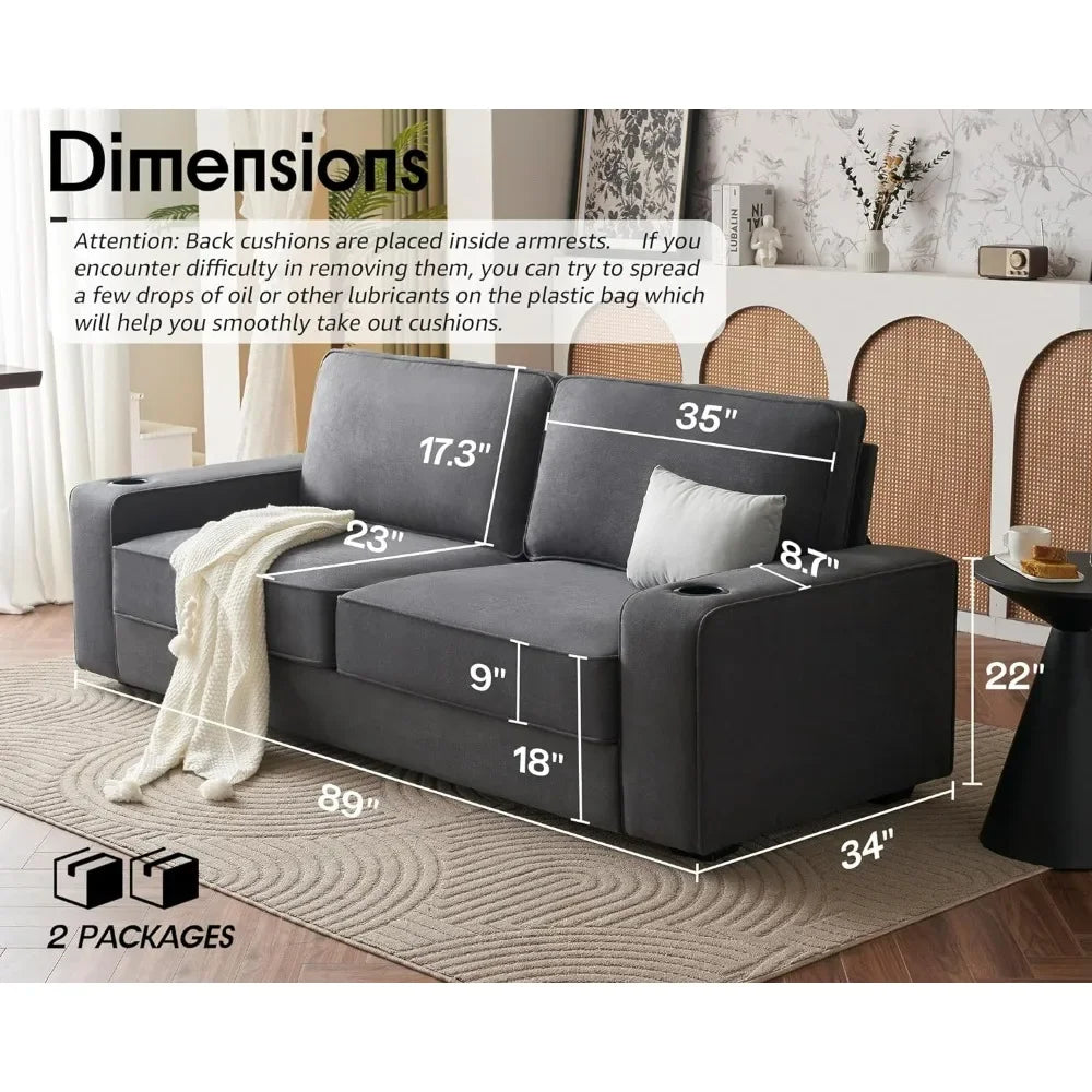 89 inch Couch, 3-Seater Sofa Couch- Deep Seat Sofa with 2 USB Charging Ports & 2 Cup Holders, Modern Sofas for Living Room