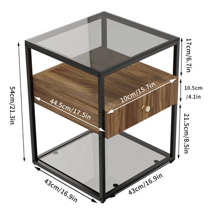 Mesa auxiliar de vidrio templado, mesita de noche, con cajón y estante, decoración en la sala de estar, marco de acero estable