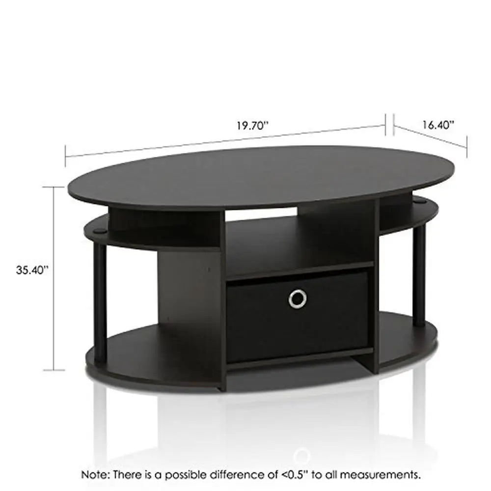 Table basse ovale avec étagères et poubelle intégrées Design simple Bois composite de qualité E1 Convient à toutes les pièces et à tous les budgets Couleur noyer Facile