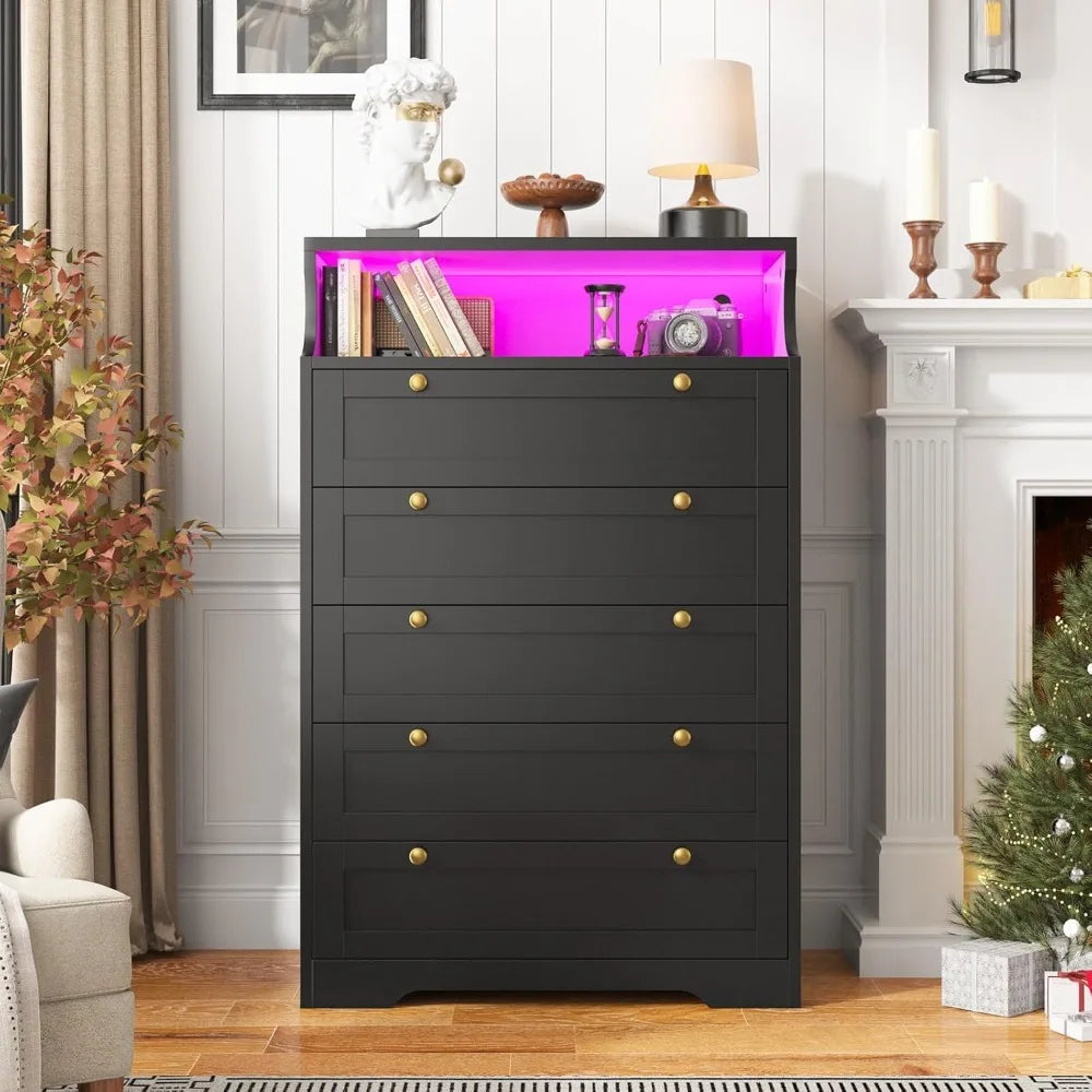 Dresser with LED, Bedroom Dressers & Chests of Drawers, Tall Dresser Wood Drawers, Black Dresser for Bedroom