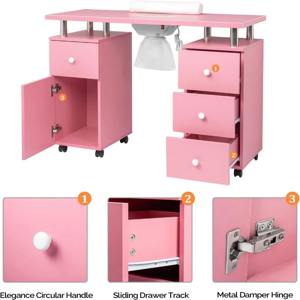 Manicure Table Nail Desk W/Electric Dust Collector Makeup Beauty Salon Storage Acetone Resistant W/Lockable Wheels Wrist Cushion