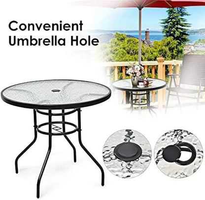 32'' Patio Table with Umbrella Hole, Outdoor Bistro Table w/Tempered Glass Top & Sturdy Metal Frame, Round Patio Dining Table