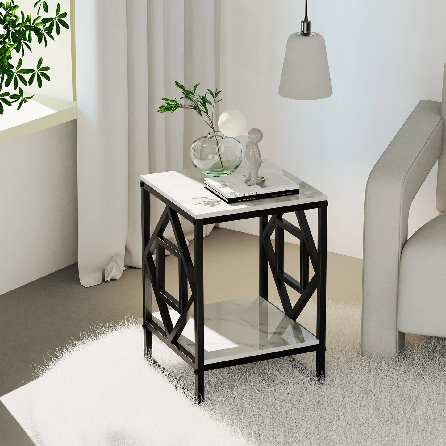 Table d'appoint avec plateau en marbre blanc, table de chevet, table de chevet, cadre enduit noir