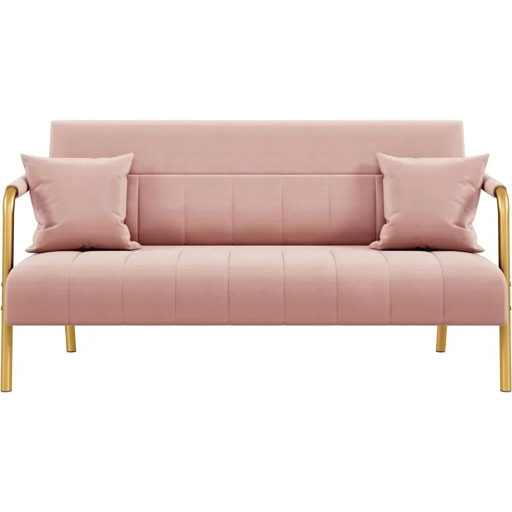 Sofá de dos plazas moderno de 56,5" de ancho con tela de terciopelo de lujo y brazos y patas de metal en tono dorado para dormitorio, Studio Pink