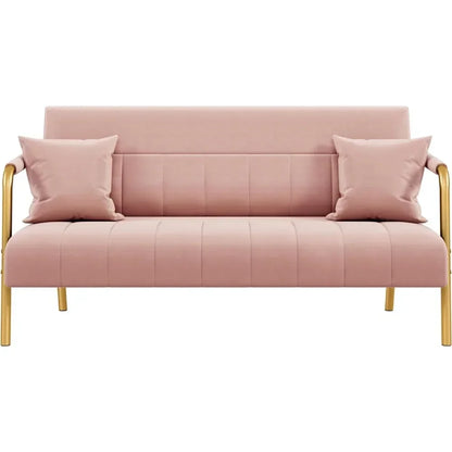 Canapé 2 places moderne de 56,5 po de largeur, luxueux canapé en tissu velours avec accoudoirs et pieds en métal doré pour chambre à coucher, Studio Pink