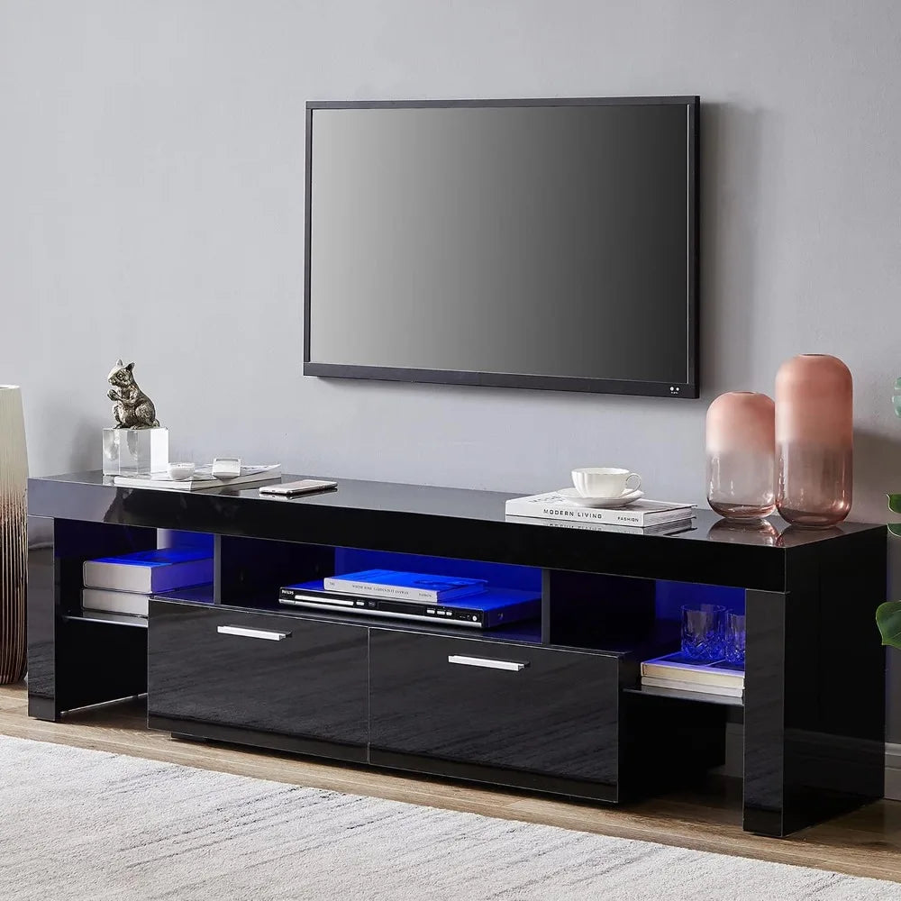 Meuble TV LED pour téléviseurs 75 pouces Console Table Téléviseurs haute brillance Centre de divertissement avec tiroir de rangement, supports TV