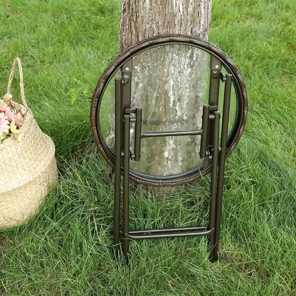 Patio Outdoor Small Rattan Round Side/End Table，Patio Coffee Tempered Glass Table, Black