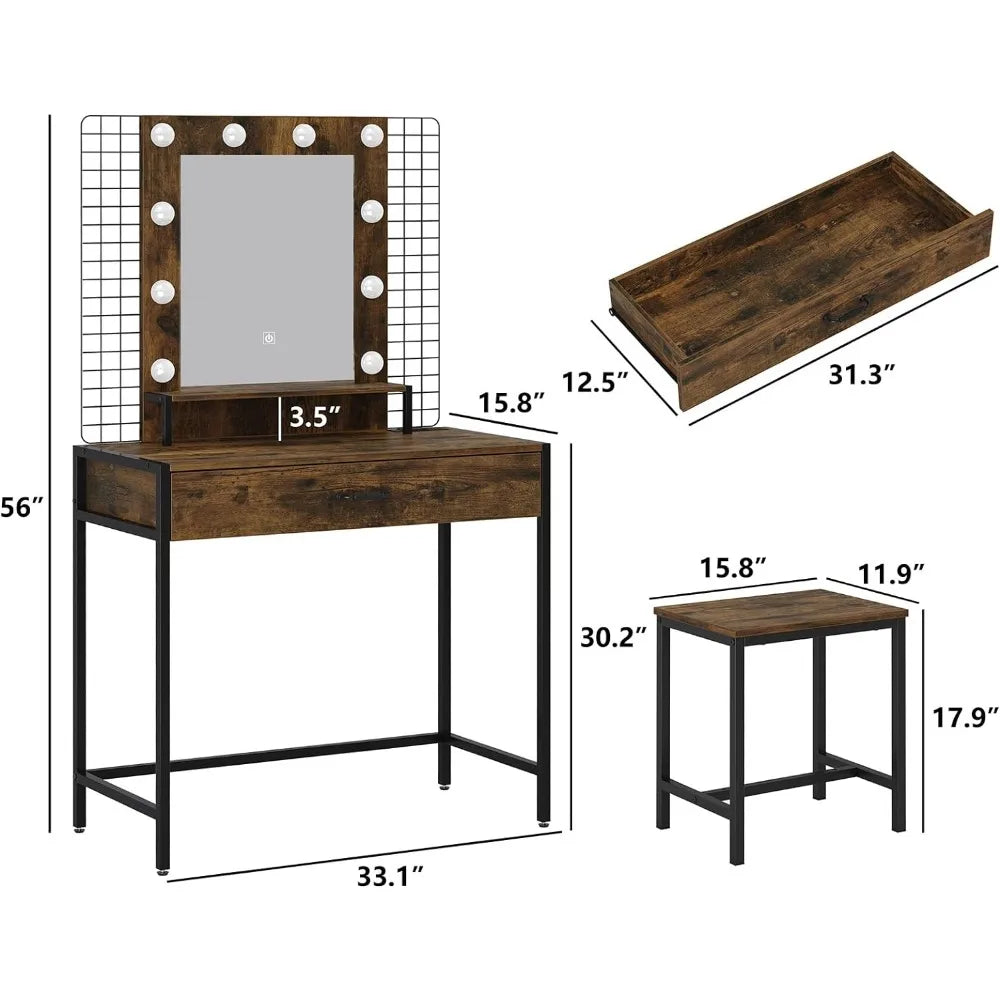 Ensemble de commodes avec lumières LED et miroir, tiroir et station de charge, coiffeuse avec tabouret pour chambre à coucher, commodes