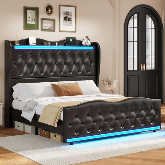 Cabecero alto con estructura de cama tamaño queen con luces LED y estación de carga, cabecero y pie de cama tapizados con alas, cama