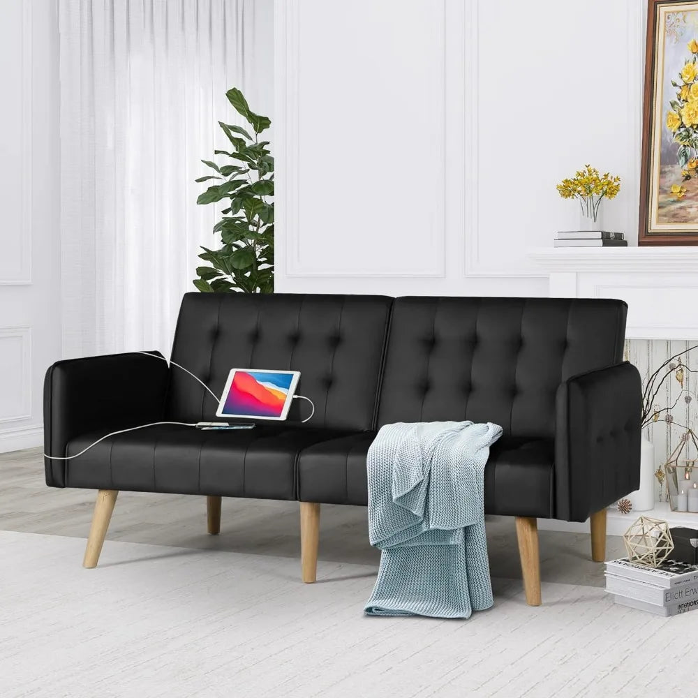 Canapé-lit futon convertible de 65 po avec 2 ports USB, petit canapé-lit pliant réglable rembourré, canapé-lit du milieu du siècle