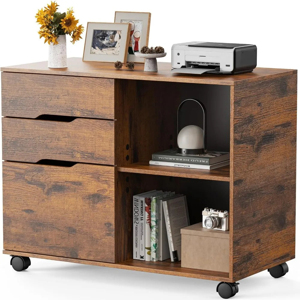 Horizontal moving filing cabinet, wooden table storage organizer with wheels, printer rack, and home office filing cabinet