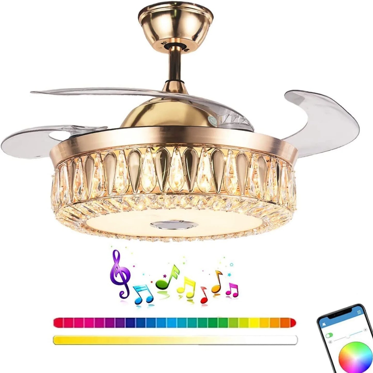 Ventilateur de plafond américain 42" Lumière LED Rétractable Bluetooth Haut-parleur de musique Lustre 7 couleurs Cristal Moderne Ventilateur de plafond Rem