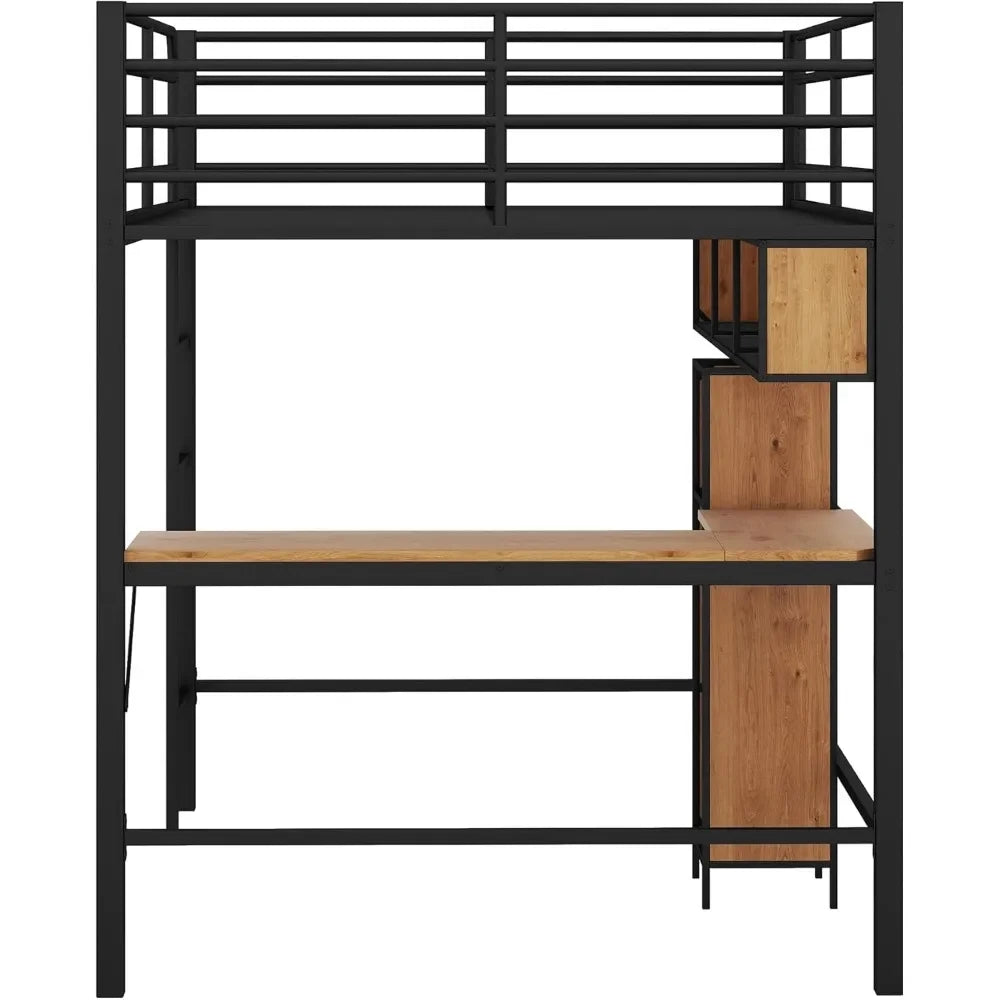 Cama alta de metal tamaño twin con escritorio, escalera y barandillas, para niños, adolescentes y adultos, color negro, tamaño 78" de largo x 41" de ancho x 65" de alto