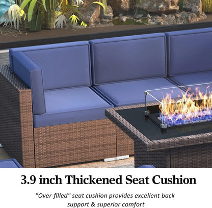 8 Piece Patio Furniture Set with 44" Propane Gas Fire Pit Table, Set Wicker Rattan Sofa Set and Coffee Table Rattan Möbel