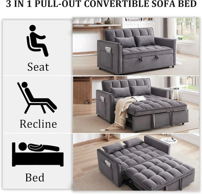 3 in 1 Pull Out Convertible Sofa Bed - 55"Velvet Sleeper Sofa with Adjustable Backrest,Tufted Love Seat w/ 2 Pockets ＆ 2 Pillows