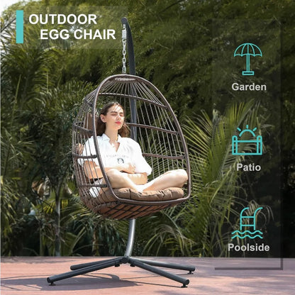 Outdoors Chairwith Stand, Egg Swing Hammock Chair with Stand,  Wicker Egg Chair with Cushion Headrest, Outdoor Egg Chairs