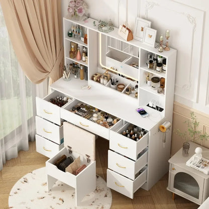 Ensemble de coiffeuse à LED blanche avec tabouret et prise de courant Meubles de chambre à coucher Table de maquillage pour la maison Coiffeuse pour filles (blanc) Meubles