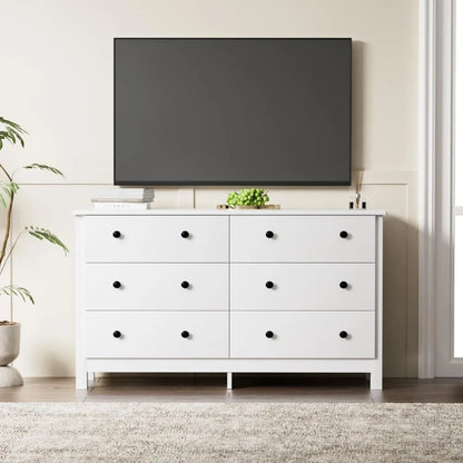 White Dresser, Modern 6 Drawer Double Dresser for Bedroom Adults & Kids with Black Pulls, Wide Dressers & Chests of Drawers