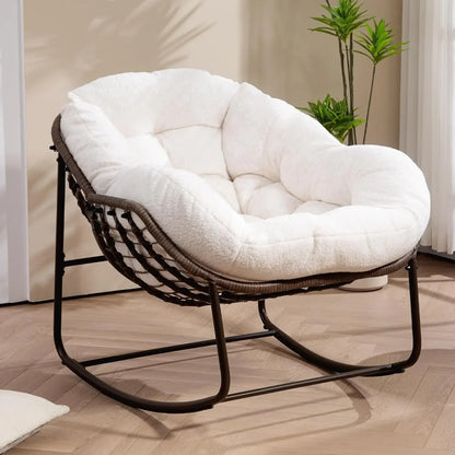 Papasan Rocking Chair Indoor, Oversized Outdoor Patio Rocking Chairs with Teddy Padded Cushion - Rocker Egg Chair