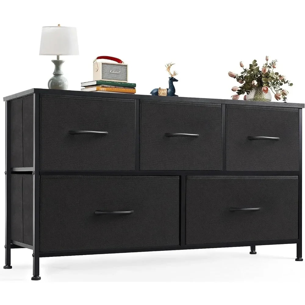 5 Drawers Dresser Fabric Dresser for Bedroom, Long Dresser with Wood Top for Bedroom, Closet, Entryway, Black