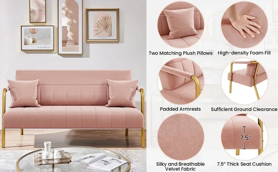 56.5" W Modern Loveseat 2 Seater Sofa Luxurious Velvet Fabric Couch with Gold-Tone Metal Arms and Legs for Bedroom, Studio Pink