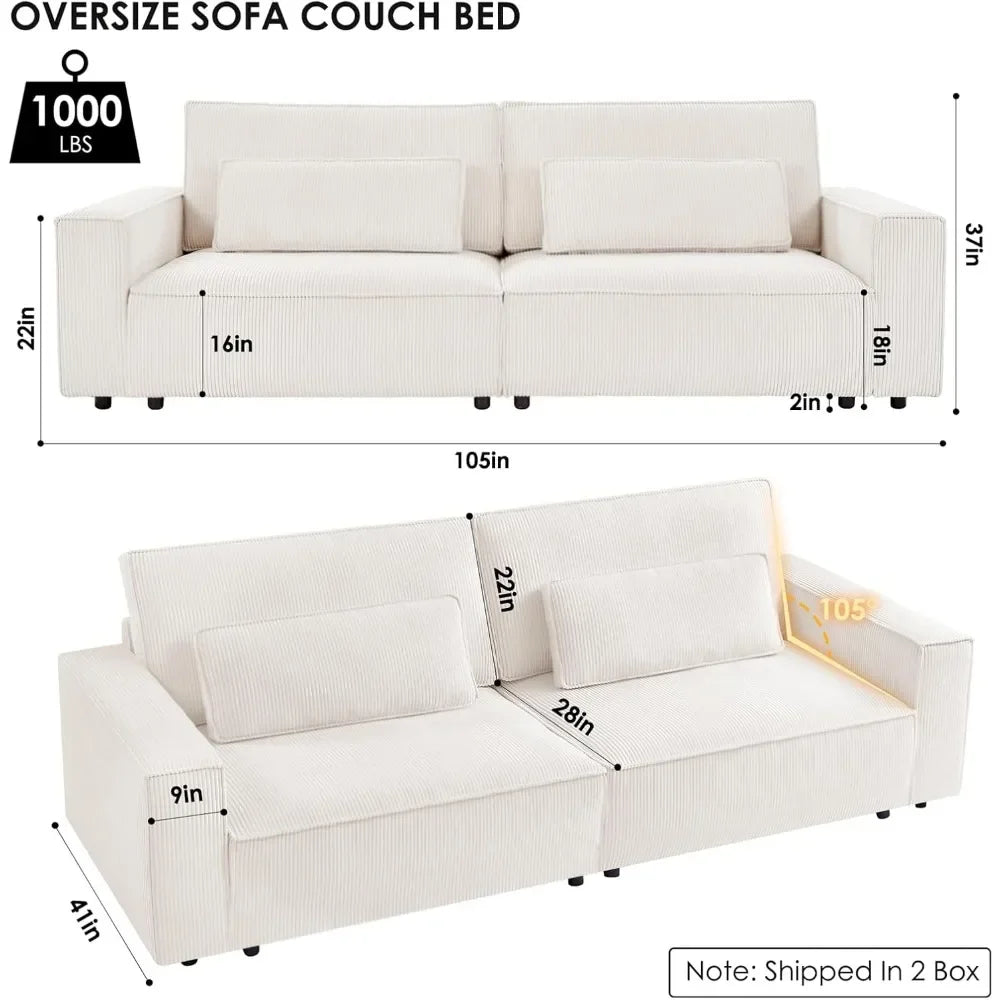 Canapé blanc moderne de 105 pouces avec siège d'amour extra profond et coussin moelleux et 2 oreillers, canapés Cloud confortables en velours côtelé surdimensionnés 4 places